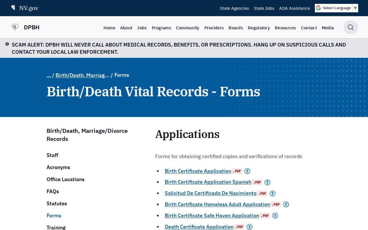 Reno public records vital certificate application and fee page